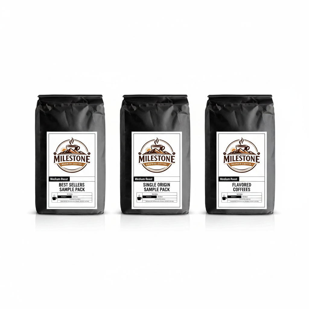 Coffee starter bundle with three black coffee bags, Milestone labels
